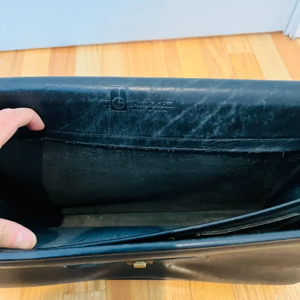 Jack Georges Leather Briefcase Messenger Bag Black Unisex Vintage Leather Gold